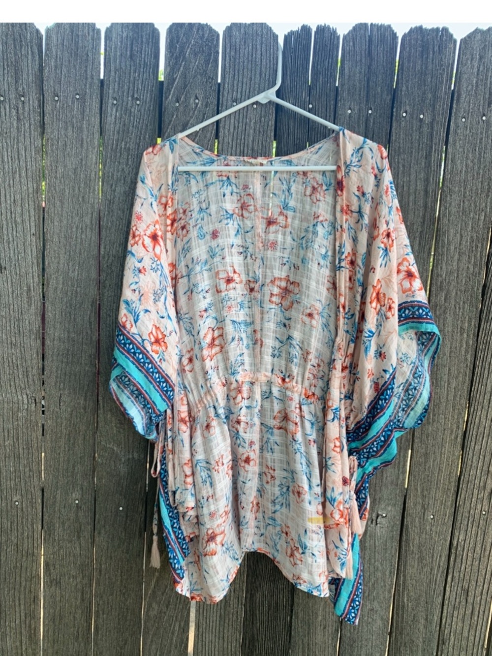 Boho Floral Open-Front Kimono Tunic in Cream and Teal
